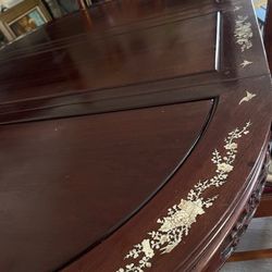 Vintage Round Table with Mother of Pearl Inlay and Carved Apron