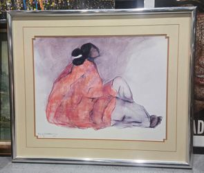 framed offset lithograph titled "Seated Woman" (also known as "Orange Serape") by the celebrated Native American artist R.C. Gorman. Produced original