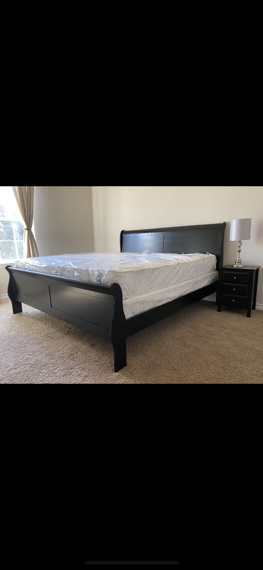 Queen black sleigh bed frame with mattress and box (Free Delivery)