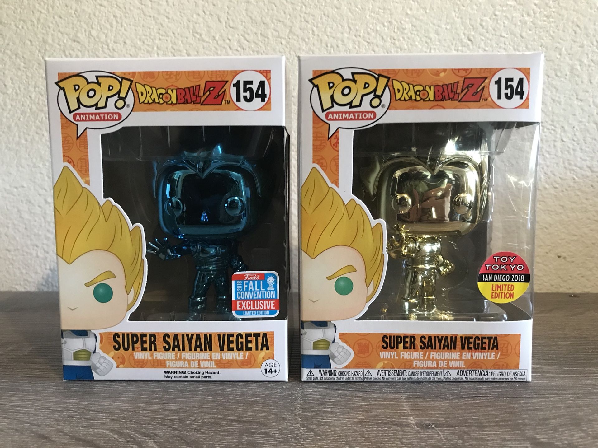 Funko Pop! Super Saiyan Vegeta Blue Chrome nycc and Gold Chrome Toy Tokyo Set