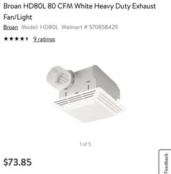 Broan HD80L 80 CFM White Heavy Duty Exhaust Fan/Light