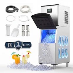 20.3 in. Freestanding Commercial Ice Maker 450 lbs./24H,Full Size Cubes, Self-Clean,in Stainless Steel,250 lbs. Storage