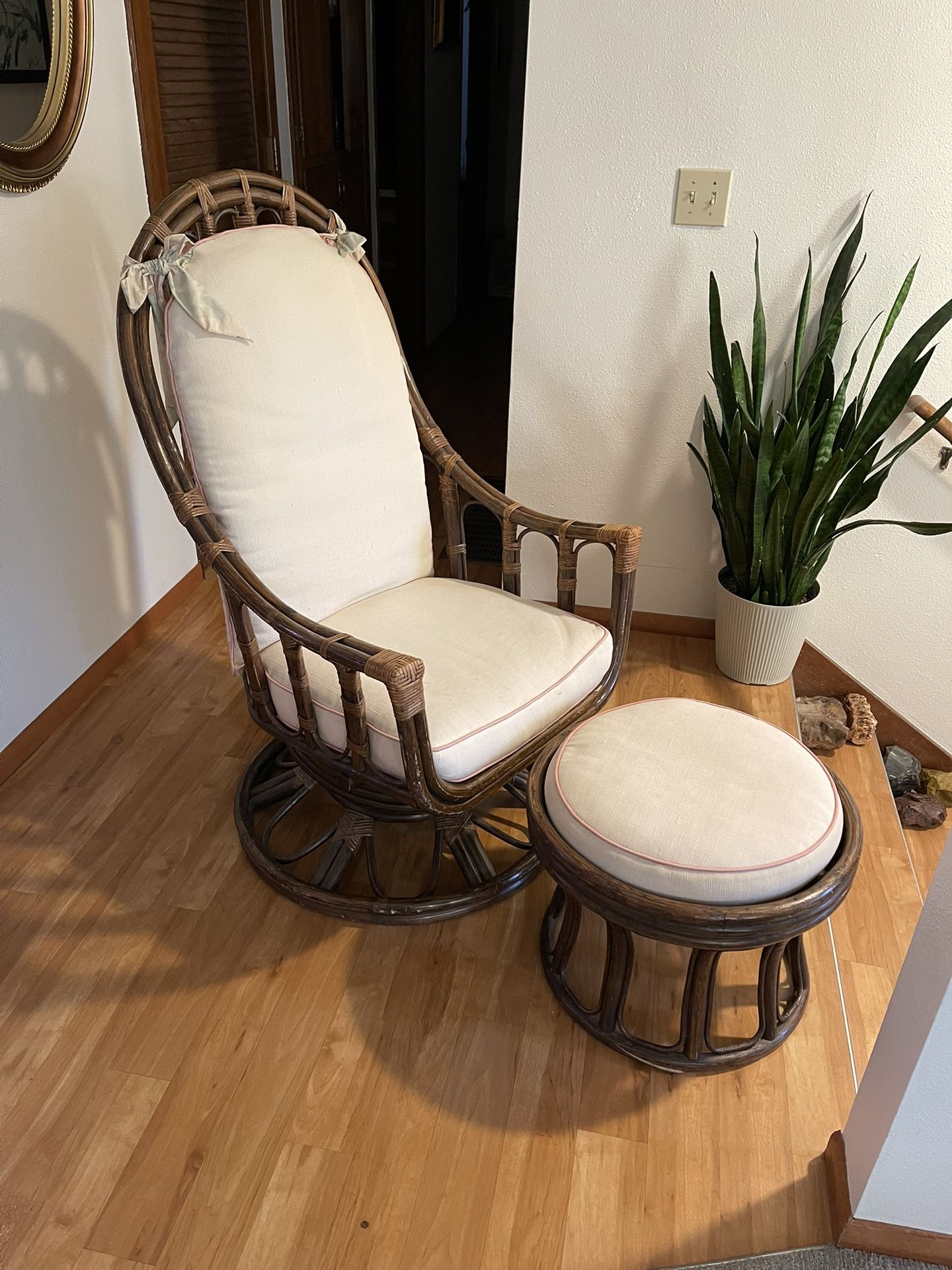 Vintage Rattan Swivel Rocking Chair W/ Ottoman