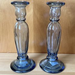 Set Of 2 Vintage Recycled Seville Blue Glass Column 9” Footed Pillar Vases 