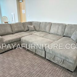 120”L Plush Grey Sectional Sofa Bed,Sectionals, Sofa, Couch, Corduroy Sectional Sofa With Storage, Sleeper Sofa. Sofabed, Sofa Bed,U Shaped Sectionals
