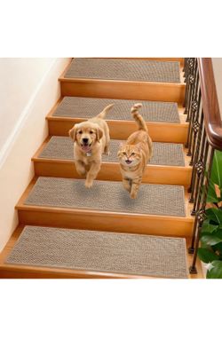 New open box Linen Stair Treads for Wooden Steps Indoor 36x9 inch, 15pcs Upgraded Self Adhesive Backing Non Slip Stair Carpets, Peel and Stick Stair R
