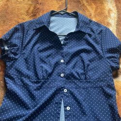 Blue Polka Dot Short Sleeve Button Up Blouse 
