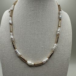 Biwa Pearl & Gold Hematite Choker Necklace - Handmade, 16” Adjustable 