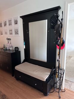 Hall tree with built in mirror and bench