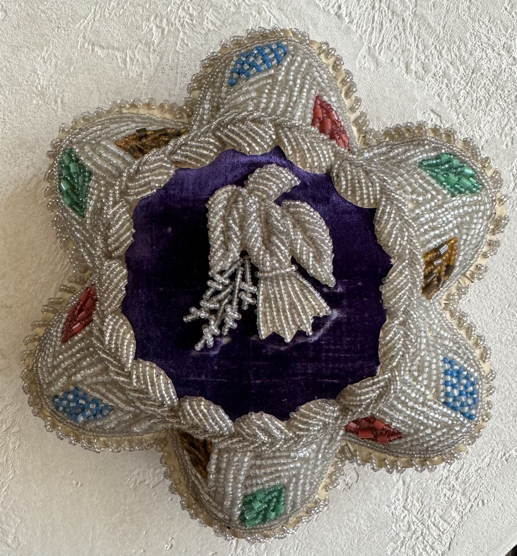 Antique Handcrafted 10,000 Beads Victorian Eagle Cushion, 8” Diameter, Hard To Find With Eagle, Around Two Hundred Years Old