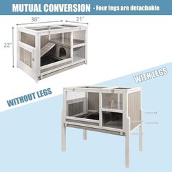 [PET37 GREYWHITE] Rabbit Hutch Indoor 36.6" H Wooden Outdoor Bunny Hutch with Wire Netting Above The Pull Out Tray, Detachable Legs Hamster Cage Guine