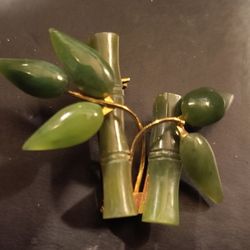 Genuine Jade Carved As Bamboo And Leaves Pin Brooch 