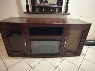 Large Wood Entertainment Console with Electric Fireplace & Wine Cooler