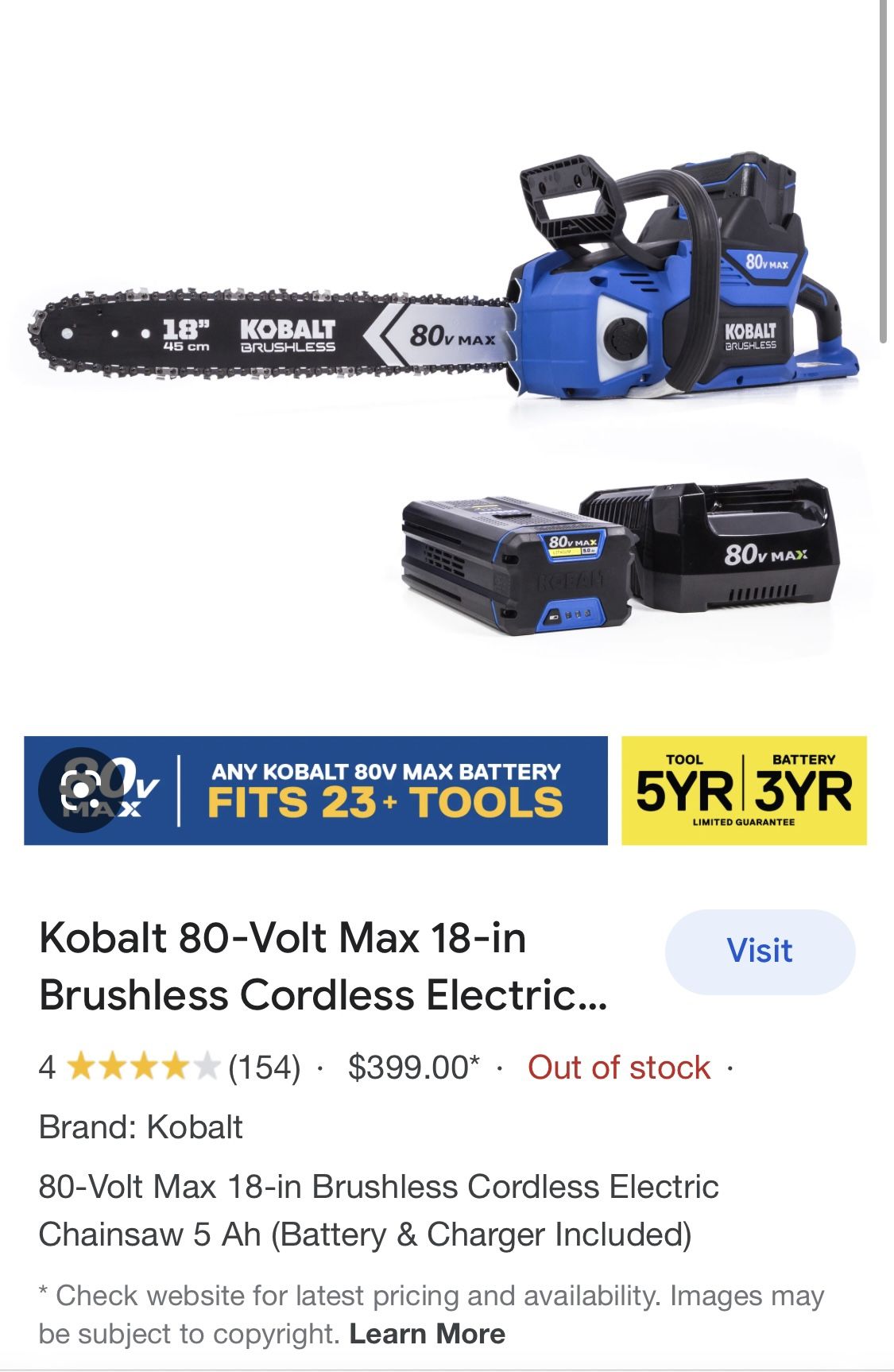 Kobalt 80v Chainsaw - Tool And Charger Only