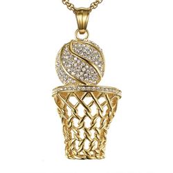 Gold Crystal Girl Boy Basketball Hoop Charm Pendant Chain Necklace 