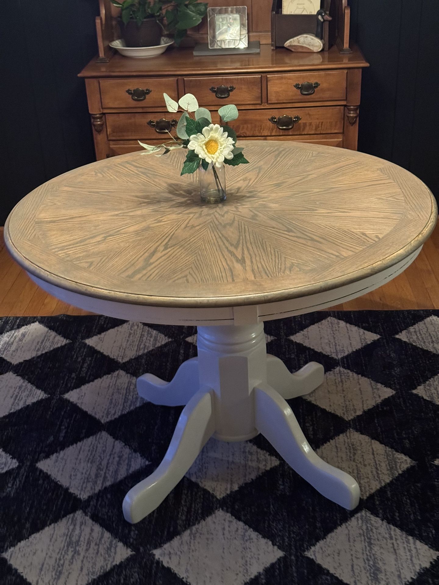Refinished 42” Round Dining Table – Gray Top, White Base – Farmhouse Style