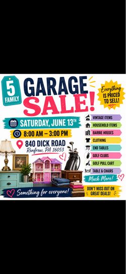 5 FAMILY GARAGE SALE SAT. JUNE 13th 8-3pm