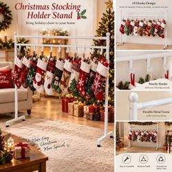 Christmas Stocking Holder Stand with 10 Hooks, Freestanding Rack White