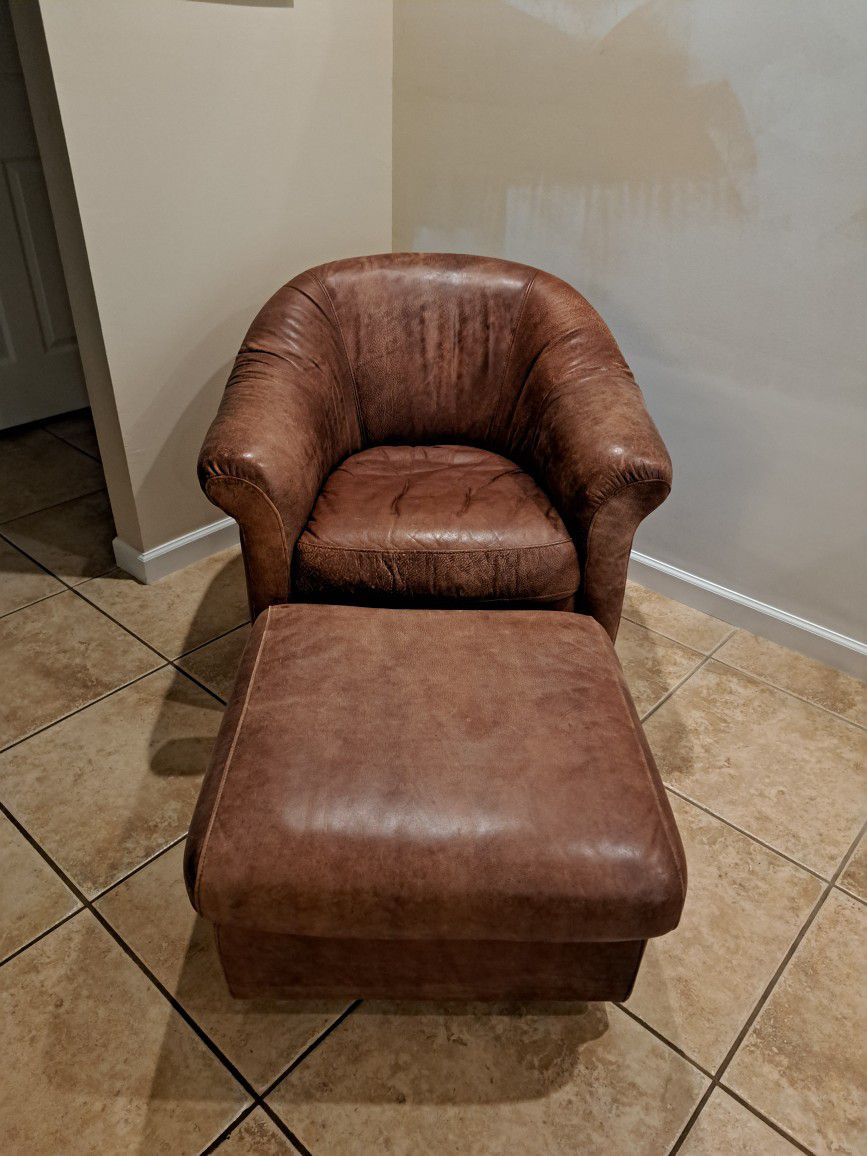 Real Leather Brown Swivel Chair With Matching Ottoman 