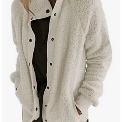 Sherpa Fleece Jacket Warm Long Sleeve Button Down Fuzzy Faux Wool with Pockets M