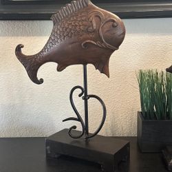 Carved Wooden Fish With Metal Stands. A wonderful Addition to Any Mantle or Bookcase