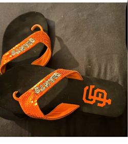 San Francisco Giants SF Logo Flip Flops Sandals Black/Orange Sequin Straps MLB women size 8