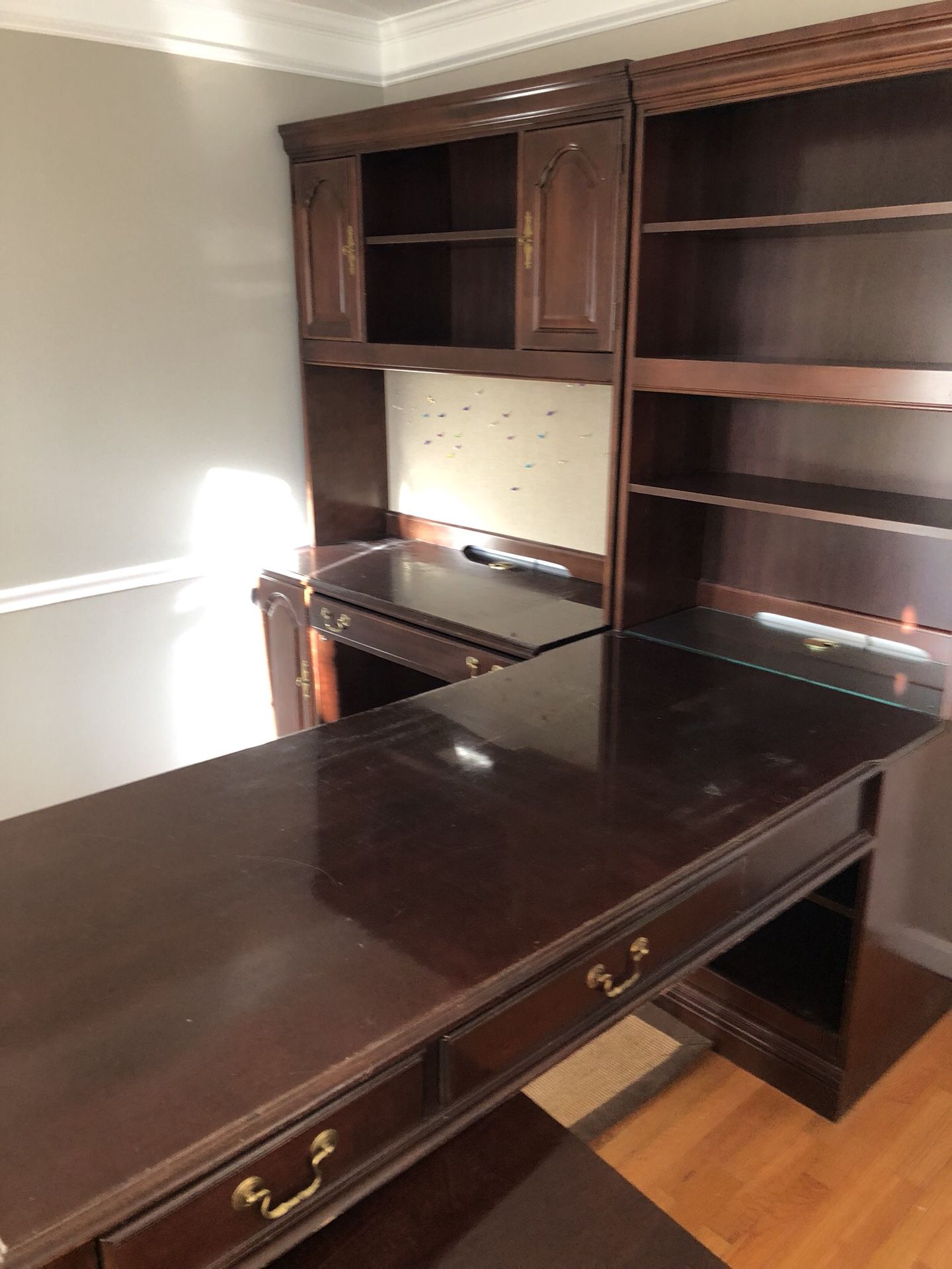 Cherry wood desk with filing cabinet & 2 bookshelves