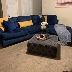 Navy Blue Suede Sectional With 2 Ottomans 