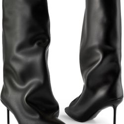 Slouchy Knee High Boots Women, Black Boots with Pointed Toe Stiletto Heel Pull on Closure Shark Boot High Heel Boot for Women