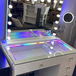 White Vanity Desk With Bluetooth Mirror