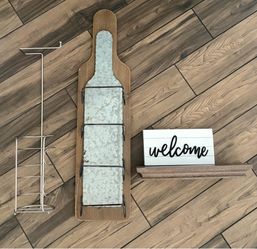 Misc decor, toilet roll holder, wine holder, floating shelf picture farmhouse