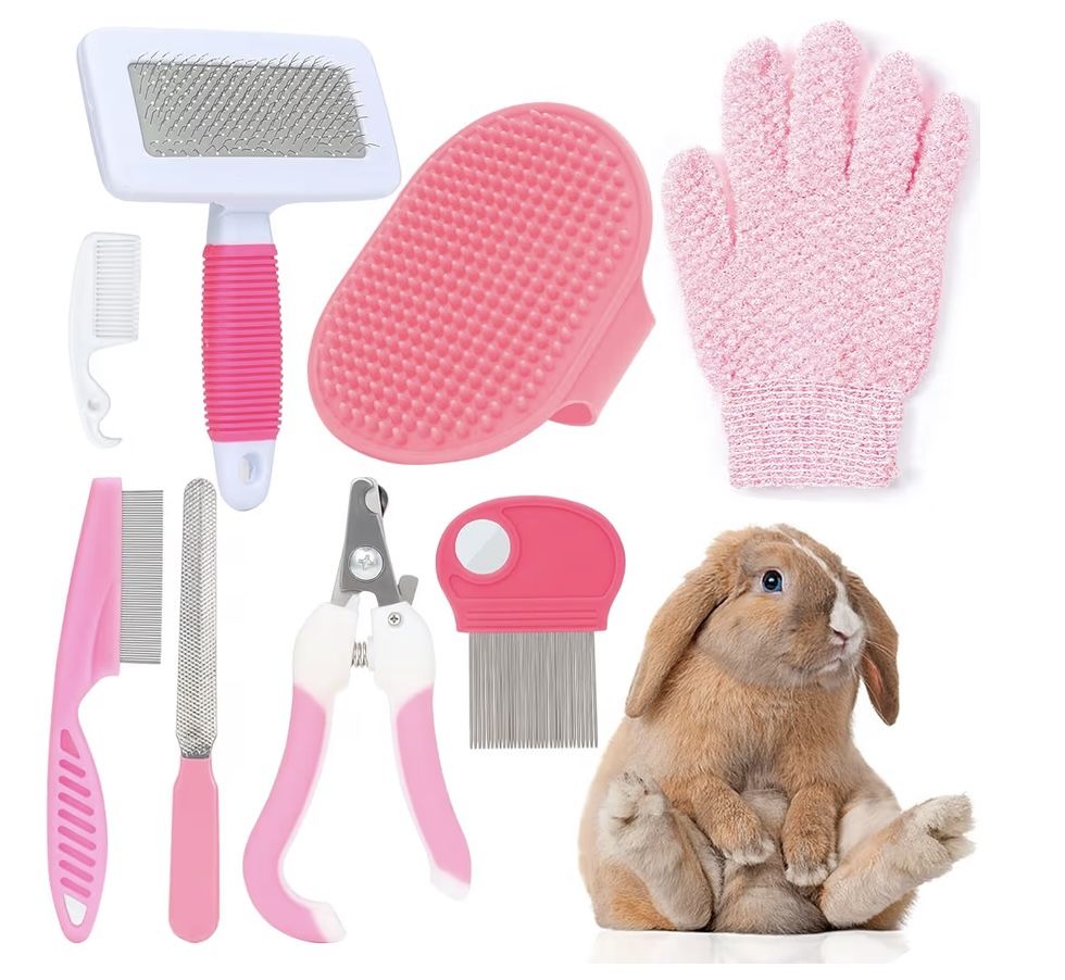 8 Pcs Small Animal Grooming Kit, Pet Nail Clipper and File, Flea Comb, Pet Shampoo Bath Brush