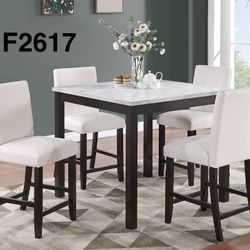 WHITE FAUX MARBLE COUNTER HEIGHT DINING SET
