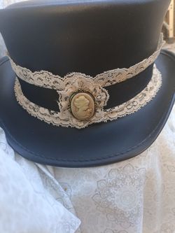 Black Leather Top Hat with Lace and Cameo