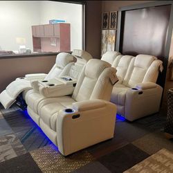 Theater Seating White Faux Leather Power Reclining Sofa And Loveseat Living Room 