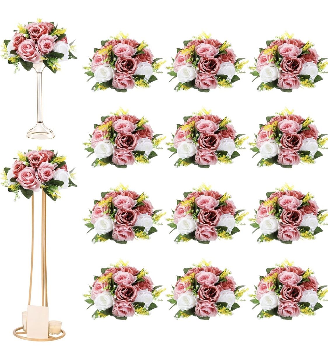 Hotop 12 Pcs Flower Balls Wedding Rose Centerpieces Silk Flower Kissing Balls Arrangement Artificial Hydrangea Flower Bouquet Faux Rose Floral Decorat