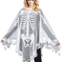 Skeleton Lace Poncho for Women Skull Bones Halloween Poncho with Lace Masquerade Mask for Halloween Skeleton Costume