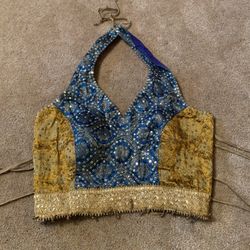 Blue and gold size 8 string back halter neck crop top