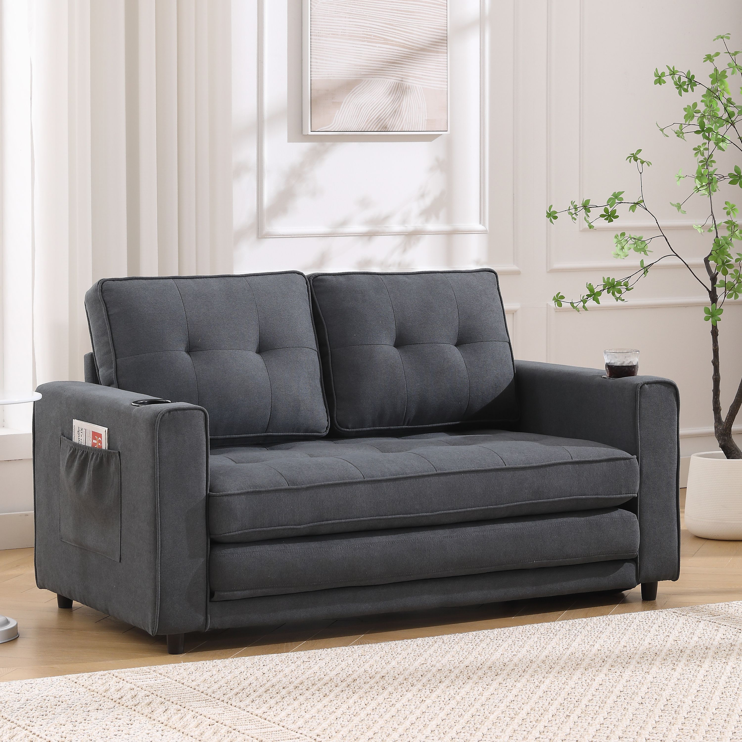 3-in-1 Upholstered Futon Sofa Convertible Sofa bed,Foldable Tufted Loveseat with Pull Out Sleeper Couch Bed,Folding Mattres Love Seat Daybed W/Side Po