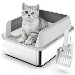 Brand New Stainless Steel Litter Box with Lid, 17.3”×13.4”×9" Kitty Litter Box for Kittens & Small Pets, High Sides Metal Cat Litter Box for Leak Proo