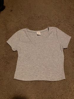 Gray V-Neck Ribbed Crop T-Shirt
