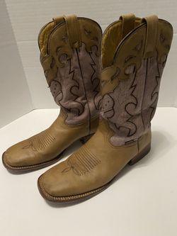 Reyme Original Men’s Size 8.5 Leather Western Cowboy Boots, Tan Brown & Pale Pink