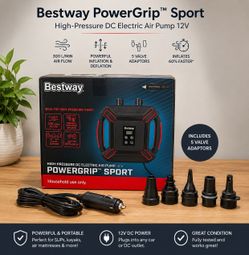Brand new Bestway PowerGrip Sport 12V High-Pressure Electric Air Pump in original packaging.  Perfect for inflating and deflating: ✅ Inflatable paddle