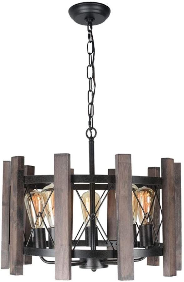 Baiwaiz Round Farmhouse Chandelier Light, Metal and Wood Pendant Light Fixture Drum Chandelier Rustic Dining Room Light 5 Lights Edison E26 072