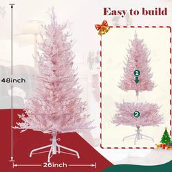 😀 4 FT Pink Prelit Flocked Christmas Tree, 472 PE&PVC Tips Artificial Xmas Tree, 8 Lighting Modes 150 LED Pink Tree Flame Retardant, Hinged Design, F