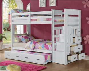 Brand New White Twin Size Bunk Bed w Staircase + Trundle Bed