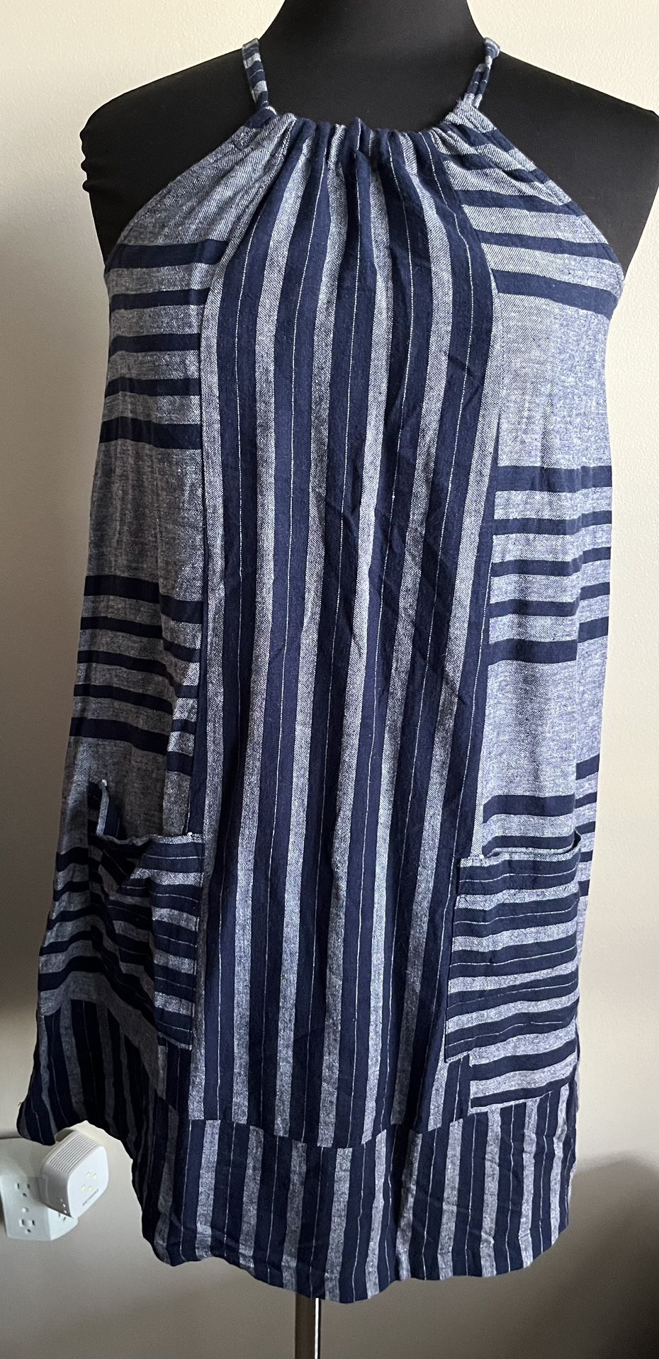OLD NAVY blue striped women's tank dress Size XS sleeveless pockets linen pullover