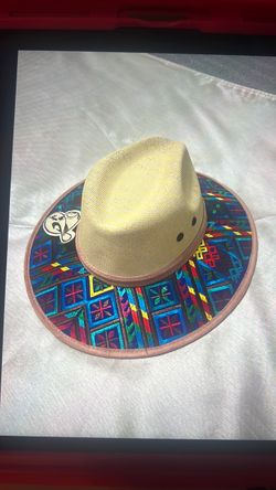 Wide Brim Straw Hat with Colorful Pattern