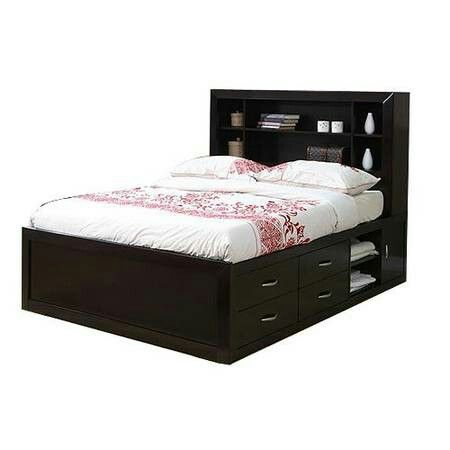 Twin bed with bottom drawer storage and headboard hutch shelves