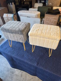 White  Faux Fur vanity Ottoman with Gold Hairpin Legs $30